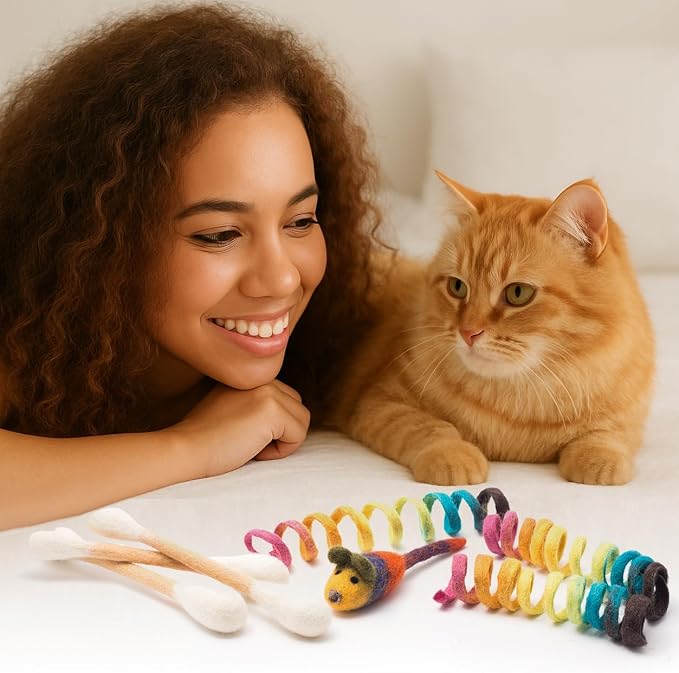 Glaciart One Indoor Catnip Cat Toy Pack - 7pc | Kitty Toys Include Wool Springs, Swabs & Mouse | for Activity, Exercise & Play | Filled w/Organic Catnip to Excite/Calm Pet | Great Gift Idea