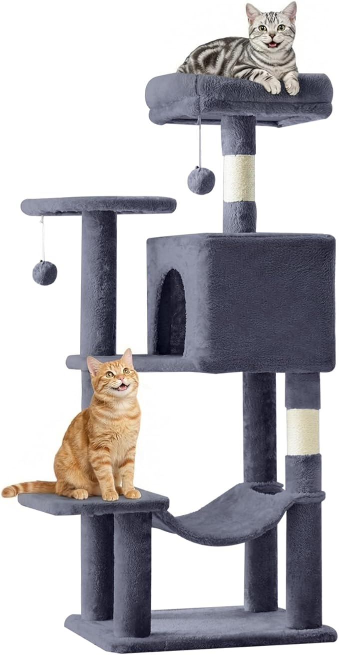 DUMOS 44 Inch Cat Tree Tower with Natural Sisal Scratching Posts | Small Cat Tree with Hammock, Pet Condo for Indoor Cats and Kittens Play, Dark Grey