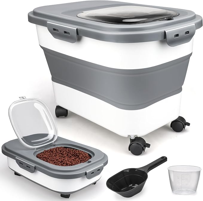 Viretec Dog Food Storage Container, 10-20Lbs Collapsible Pet Food Storage Containers with Rolling Wheel Airtight Locking Lid, Dry Food Storage Bin with Cup and Scoop,Suitable for Pet Food, Rice, Flour