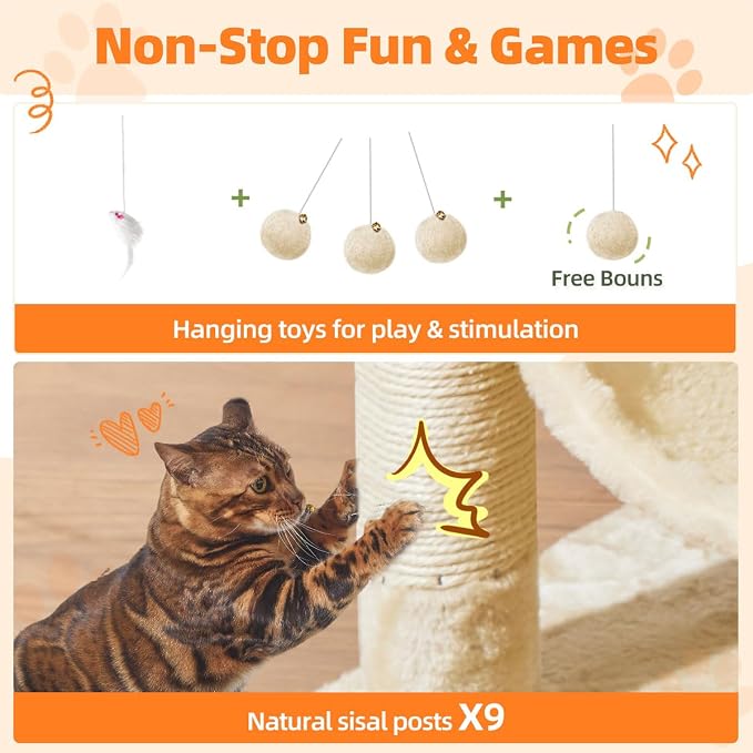 Taoqimiao Large Cat Tree, 73 in Tall Cat Tower with 2 Plush Big Cat Condos | 9 Scratching Posts, 2 Top Perches, Cozy Hammock & Basket, Indoor Cats, 2 Pompoms & Mouse Toy, Beige, MS013XLM