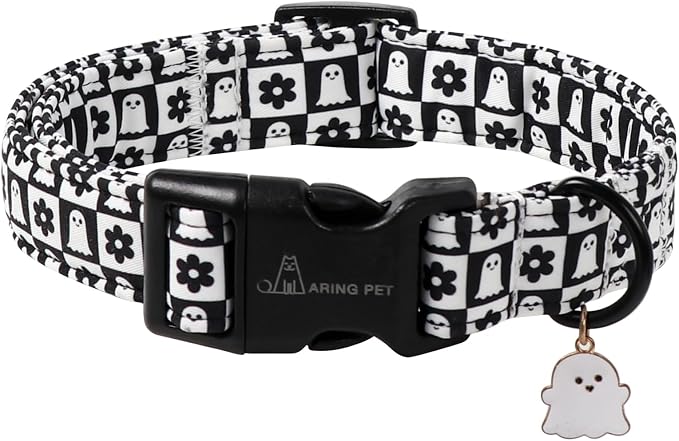 ARING PET Halloween Dog Collar, Ghost Flower Pet Collars for Small Medium Large Girl Boy Dogs Puppy Collar with Quick Release Buckle-Black White XL Size