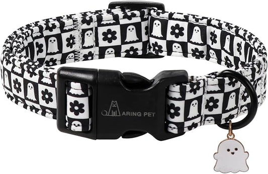ARING PET Halloween Dog Collar, Ghost Flower Pet Collars for Small Medium Large Girl Boy Dogs Puppy Collar with Quick Release Buckle-Black White M Size
