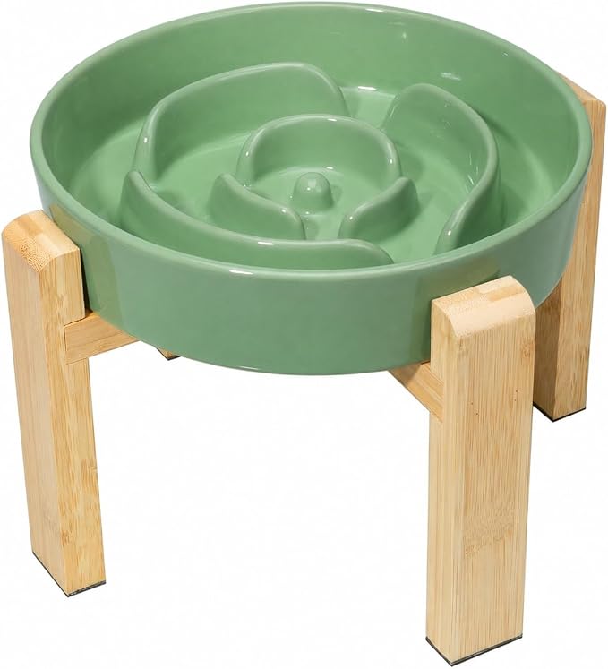 Elevated Slow Feeder Dog Bowl Large Breed, 8.8 Inch Ceramic Slow Eating Bowl with Bamboo Stand, Anti-Choking Raised Maze Design for Medium to Large Dogs, 3.2 Cup, Green