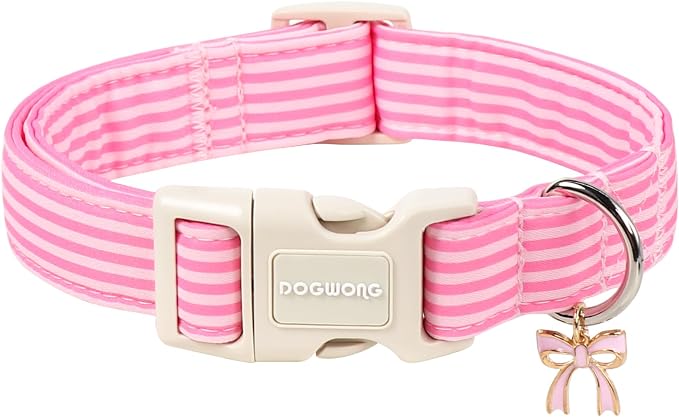 DOGWONG Pink Dog Collar, Pink Striped Dog Collar with Plastic Buckle, Summer Spring Cute Girl Female Dogs Collars for Large Dogs, Neck 42-66 inches