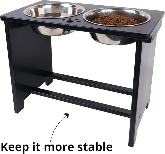 HTB Elevated Dog Bowl Stand with 2 Stainless Steel Bowls-14 H X-Large Black | Raised Dog Bowl Stand, 14"tall, 48 Oz Bowls, for Large Sized Dogs, Pet-safe, Solid Bamboo