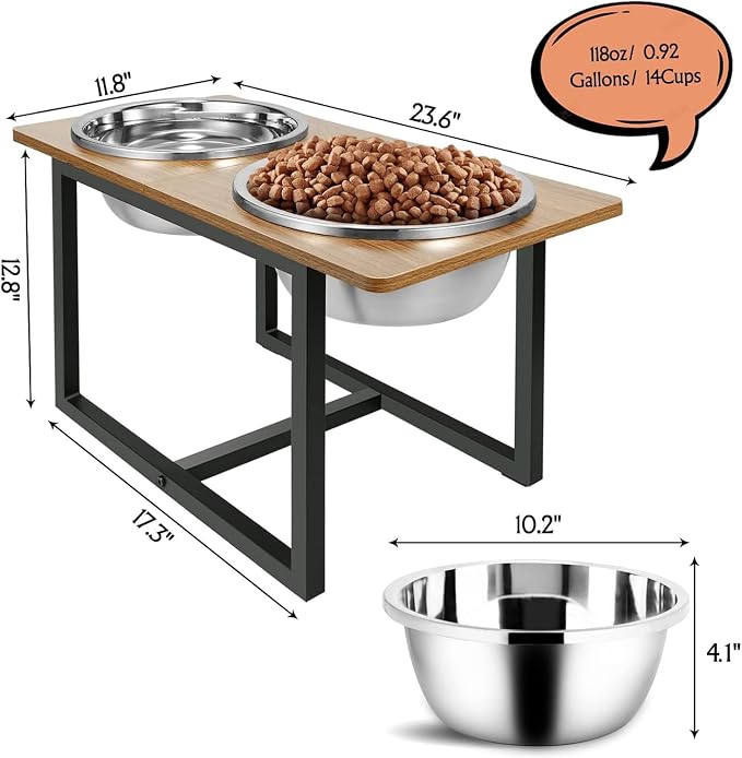 Spacnom Elevated Dog Bowls for Large Dogs, Raised Dog Bowl Stand with Two X-Large Stainless Steel Bowls for Dogs, 3.5L Capacity, Rustic Walnut