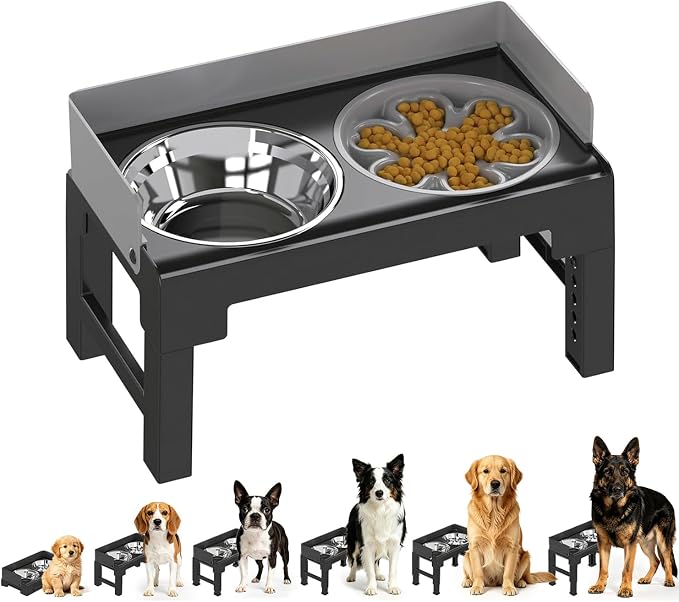 Elevated Dog Bowls for Medium and Large Dogs, Spill-Proof Tiltable Dog Feeder with Slow Feeder Bowl and Stainless Steel Water Bowl, 6-Height Adjustable Raised Dog Bowl Stand