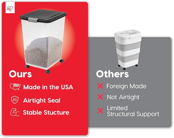 IRIS USA Airtight Dog Food Storage Container, Up to 54 lbs, Attachable Wheels, For Dog Cat Bird and Other Pet Food Storage Bin, Keep Fresh, Translucent Body, Easy Mobility, Black
