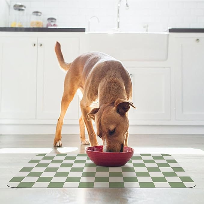 CooRug Checkered Dog Food Mat, Pet Feeding Mat 24" L x 16" W, Green | Absorbent, Leak-Proof, Anti-slip, Quick Dry, Eco-friendly Materials, Easy to clean and store, For Messy Drinkers