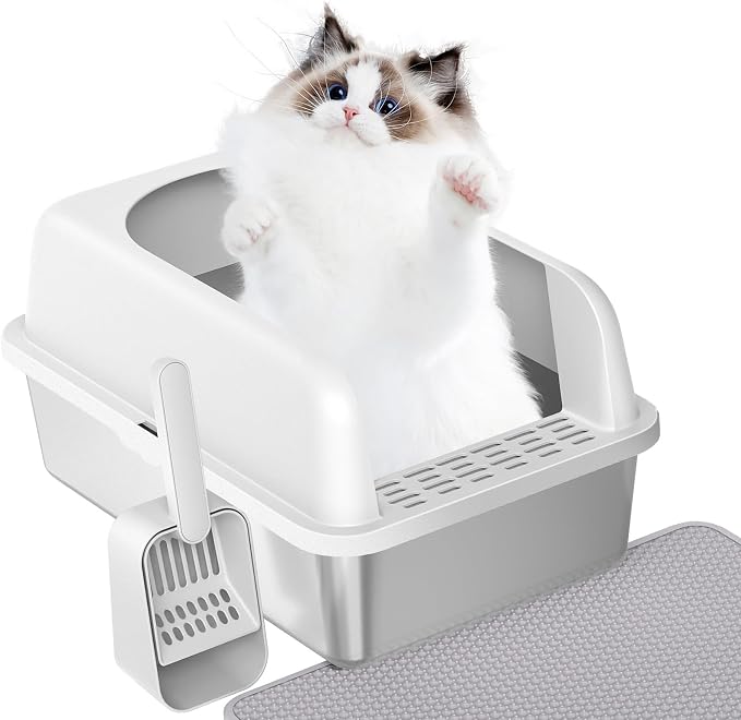 Prodigen Stainless Steel Cat Litter Box with Lid High Wall Sides Enclosure, Non-Sticky, Anti-Leakage, Easy Cleaning, with Cat Mat & Scoop, 19.6" L x 14" W x 12" H