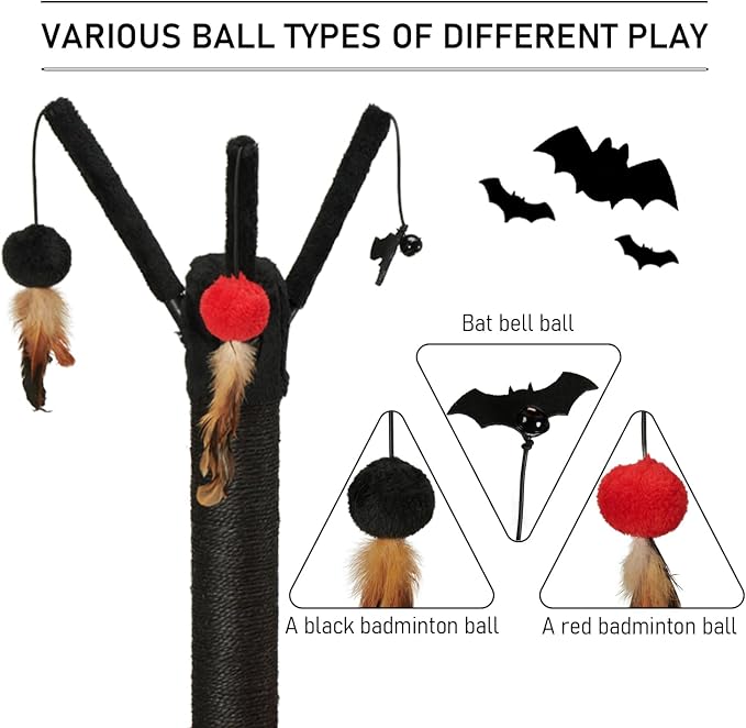 MECOOL Cat Tree Tower 37" Tall Scratching Post with Large Hammcok for Indoor Cats,Self-Massage Bursh Hanging Ball Toys,Black