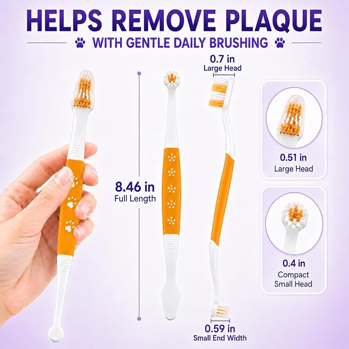 Dog Toothbrush, Dual-Head, for Medium-Large Dogs, Orange | Soft Bristles for Gentle Cleaning, 60° Curved Bristles for Better Coverage, Comfortable for Sensitive Gums