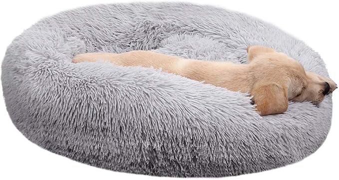 Faux Fur Dog Bed, Shag Round Anti-Anxiety Pet Calming Doughnut Cuddler for Medium Large Puppy Dog Cat Kennel Cushion - Self Warming (28'' D x 8" H, Light Grey)