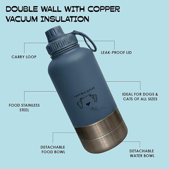Love Wag & Play Dog Water Bottle with Food Bowls, Portable Stainless Steel Bottle for Dogs, Leakproof Travel Design with Detachable Bowls for Walks, Hikes and Outdoor Adventures (32 oz)