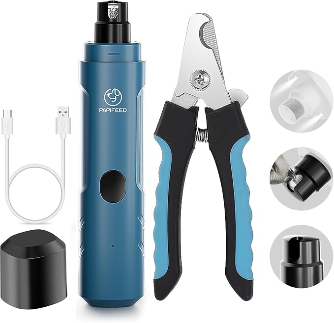 PAPIFEED Dog Nail Grinder with LED Light, Ultra Quiet 3-Speed Electric Nail File for Small Medium Large Dogs & Cats, Rechargeable Pet Nail Grinder Set with Nail Trimmer (Blue Kit)