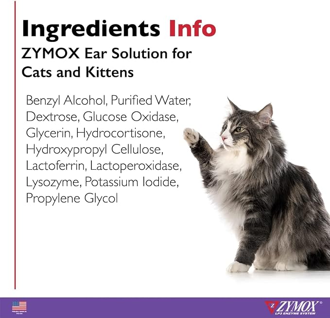 Zymox Enzymatic Ear Solution with 0.5% Hydrocortisone for Cats & Kittens, 1.25 oz. – Cleans & Refreshes Ear Canal for Relief from Wax, Dirt Buildup, Itchiness, Irritation, Inflammation & Redness
