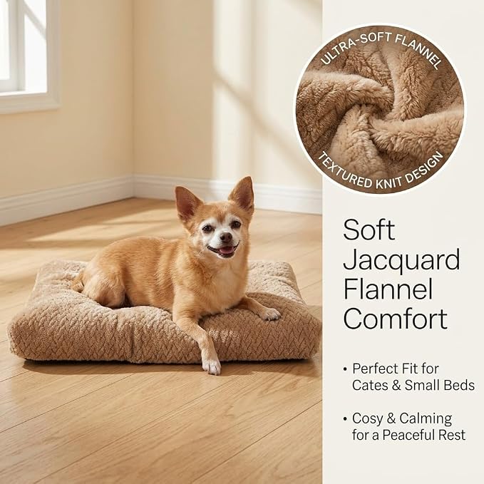 Small Dog Bed for Crate,22 Inch Washable Dog Crate Pad for Dog Cages,Soft Jacquard Flannel Puppy Kennel Bed with Anti-Slip Bottom,Fluffy Dog Mat for Small Dogs,Khaki