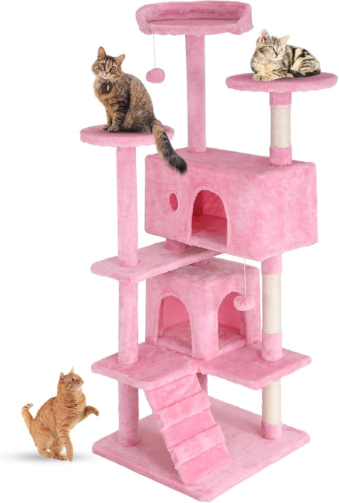 FDW | 54" Cat Tree Tower | Pink | Multi-Level Indoor Activity Center | with Sisal Scratching Posts, Condos, Plush Perches, Hanging Cat Toys | Sturdy, Easy to Assemble | for Kittens & Adult Cats