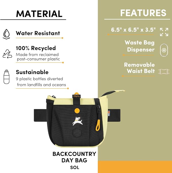 Backcountry Day Bag | Dog Training Treat Pouch | Eco-Friendly Recycled Fabric Fanny Pack with Zipper Closure, Built-in Poop Bag Dispenser & Adjustable Waist Belt (Sol)