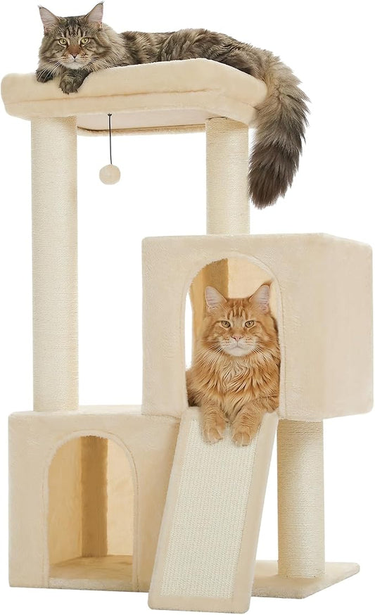 PAWZ Road Large Cat Tree, 45" Heavy Duty Cat Tower with Dual Condos, 3 Thick Full Wrapped Sisal Posts(φ4.3), Spacious Top Perch, Scratching Ramp for Large Cats,Beige