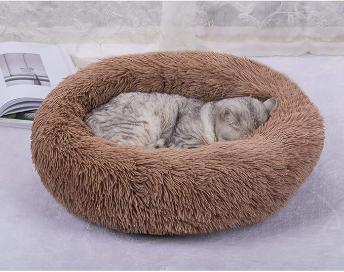 Faux Fur Dog Bed Cat Bed,Shag Round Anti-Anxiety Pet Calming Bed Doughnut Cuddler for Medium Large Puppy Dog Cat Kennel Cushion Self Warming Bed (28'' D x 8'' H, Coffee)
