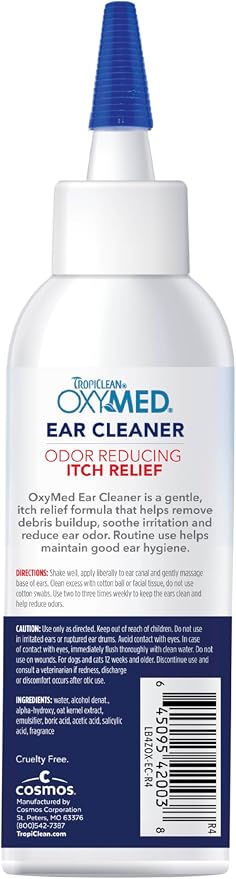 TropiClean OxyMed Preventative Dog Ear Cleaner, Vet Recommended Ear Cleaning Solution for Itch Relief, Daily Wash Drops, Safe for Cats, USA Made, 4oz.