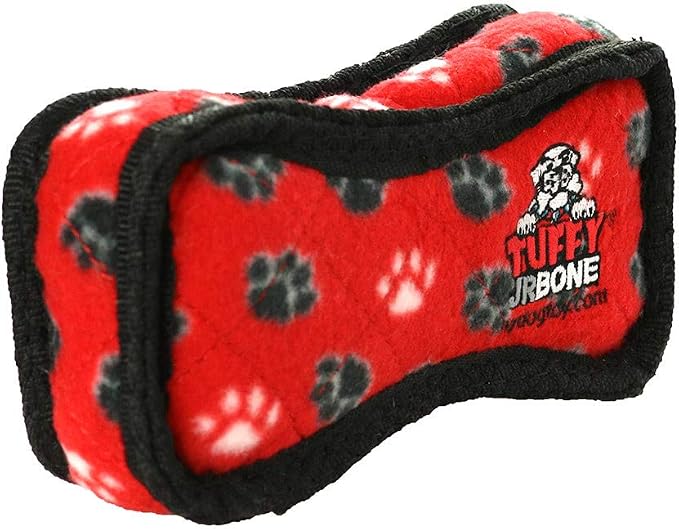 TUFFY - World's Tuffest Soft Dog Toy - Junior Bone -Squeakers -Multiple Layers. Made Durable, Strong & Tough.Interactive Play(Tug, Toss & Fetch). Machine Washable & Floats (Red Paw, Bone2 2 Pack)