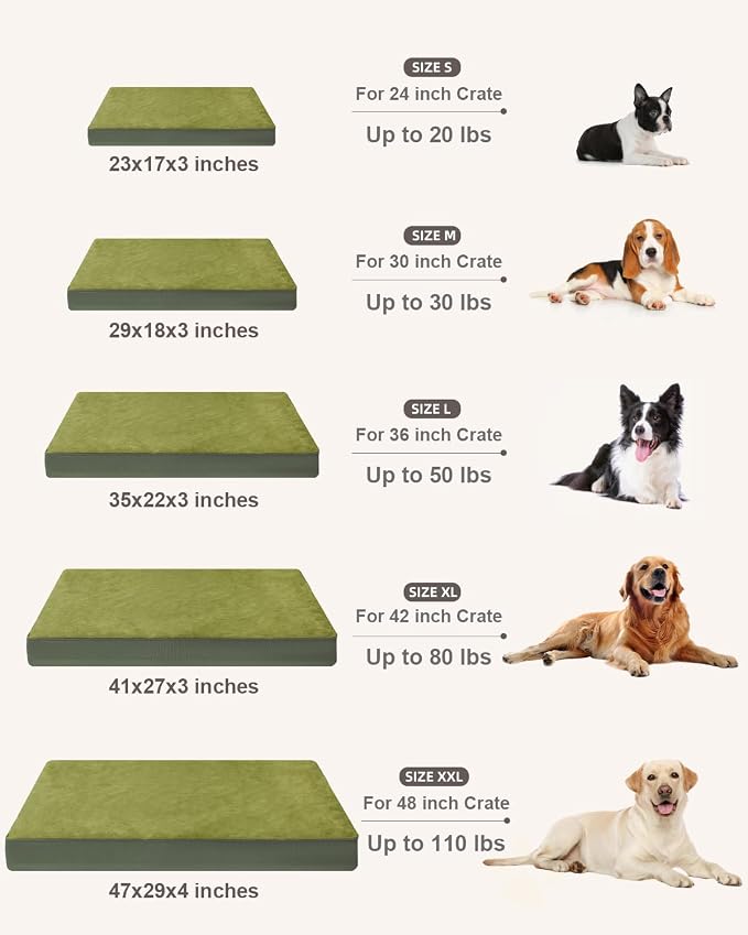 KSIIA Orthopedic Dog Bed for Small Dogs with Waterproof Lining, Green,23x17 | Deluxe Soft Plush Dog Crate Bed, Washable Pet Mat with Removable Cover & Egg Crate Foam for Small Dogs Sleeping & Relaxing