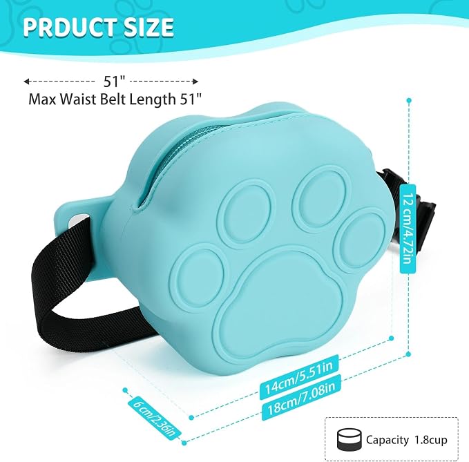 Dog Treat Pouch with Training Clicker and 2 Poop Bags, 1.8 Cup Small Sealable Zipper Silicone Fanny Pack with Waist Belt, Pet Puppy Training & Walking Essentials (Blue)