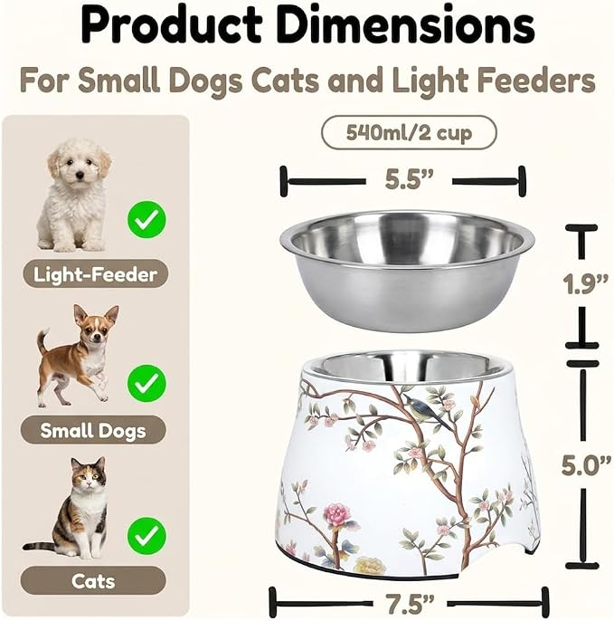 Ceramic Dog Bowl 5 inch Height for Cats and (10-25lbs) Small and Toy size Dogs includes Food-Grade 304 Stainless Steel Bowls Non-Slip 2 Cups(540ml) Bowl Feeder in an Artful and Design (White)