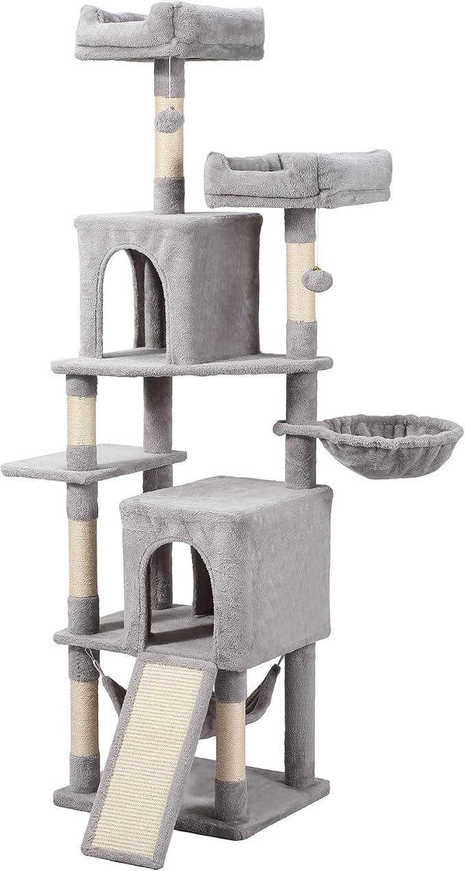 Letkind Cat Tree, 70-Inch Cat Tree Tower with Hammock, Scratching Post, Condo and Multi-Level Cat Tower, Large Cat Activity Center Playhouse, Light Gray LCT015