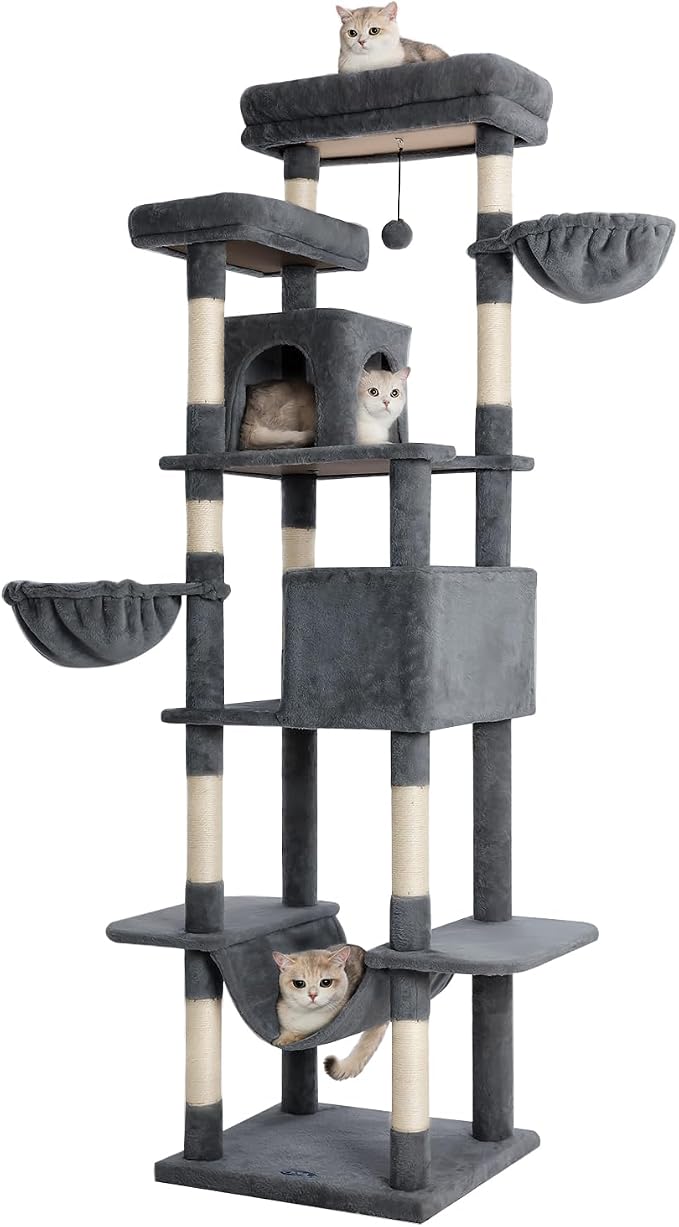Cat Tree, 81-Inch Tall Cat Tower with Scratching Post, Plush Multi-Level Cat Condo with 2 Perches, 2 Caves, 2 Basket, Hammock for Indoor Cats Grey