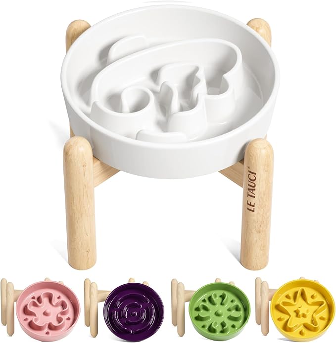 LE TAUCI Ceramic Slow Feeder Dog Bowls Small Breed, 0.6 Cups Elevated Dog Bowl for Fast Eaters, Puzzle Bowl for Small Dogs and Cats,Angle White