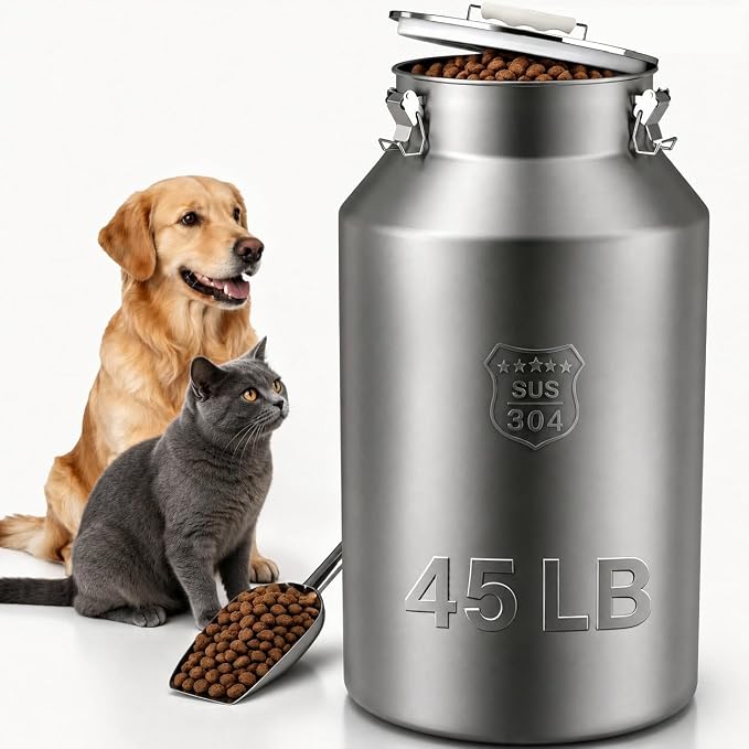 Stainless Steel Dog Food Storage Container 45 lb with Scoop & Lid | Large Airtight Metal Pet Food Bin, No Dented or Scratched, Metal Dog Food Storage Container for Kibble, Cat Food & Bird Seed