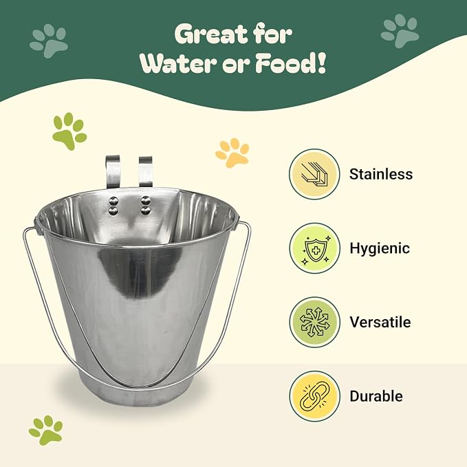 Advance Pet Products 4 Quart Stainless Steel Bucket with Dual Hook | Perfectly Fits on Kennels, Cages and Critter Crates | Heavy Duty Bucket for Pets Cleaning & Food Prep - Flat Sided Pail