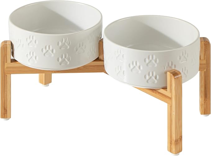 Elevated Ceramic Dog Bowl Set, Anti-Skid Bamboo Stand, White, 7.3 inch | Food and Water Bowls with Fixed Non-Slip Rubber Ring, Microwave Safe, Easy to Clean, 5 Cup per Bowl, for Medium Sized Dogs