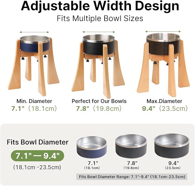 Solid Wood Elevated Dog Bowl Stand with Adjustable Width, 12-Inch Raised | Fits 6.3-7.8 Inch Dog Food & Water Bowls, Non-Slip Base, Ergonomic Design for Corgis, Beagles, Medium Breeds, Stand Only