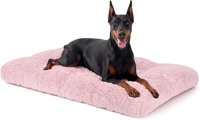 JOEJOY Large Dog Bed Crate Pad, Deluxe Plush Washable Dog Beds Fulffy Soft Kennel Pad Anti-Slip Pet Sleeping Mat for Extra Large Medium Small Dogs, 47" x 29", Pink