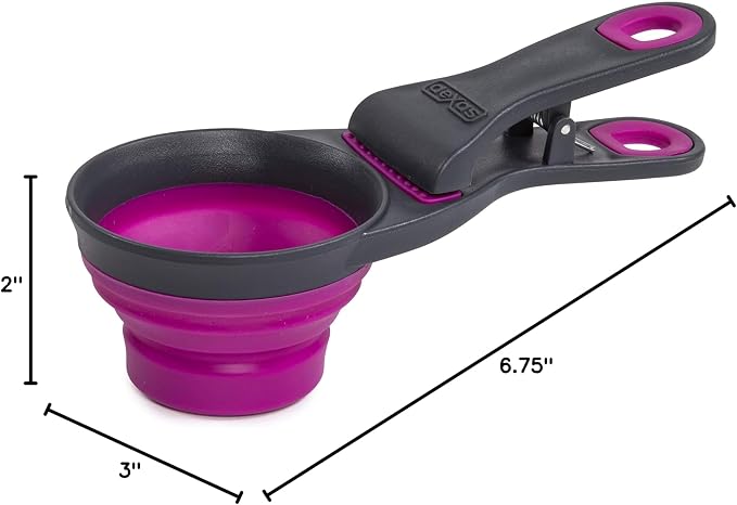 Dexas Popware for Pets Collapsible Klip Scoop, 3-in-1 Pet Food Scoop, Measuring Cup and Bag Clip, 1/2 Cup Capacity, Fuchsia