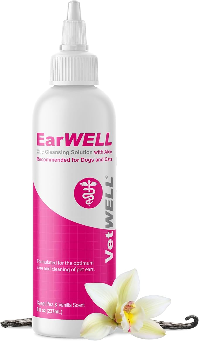 VetWELL Ear Cleaner for Dogs and Cats - Sweet Pea Vanilla - 8 oz | Otic Ear Solution for Pets to Help Manage Odor and Reduce Wax Build Up