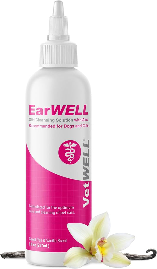 VetWELL Ear Cleaner for Dogs and Cats - Sweet Pea Vanilla - 8 oz | Otic Ear Solution for Pets to Help Manage Odor and Reduce Wax Build Up
