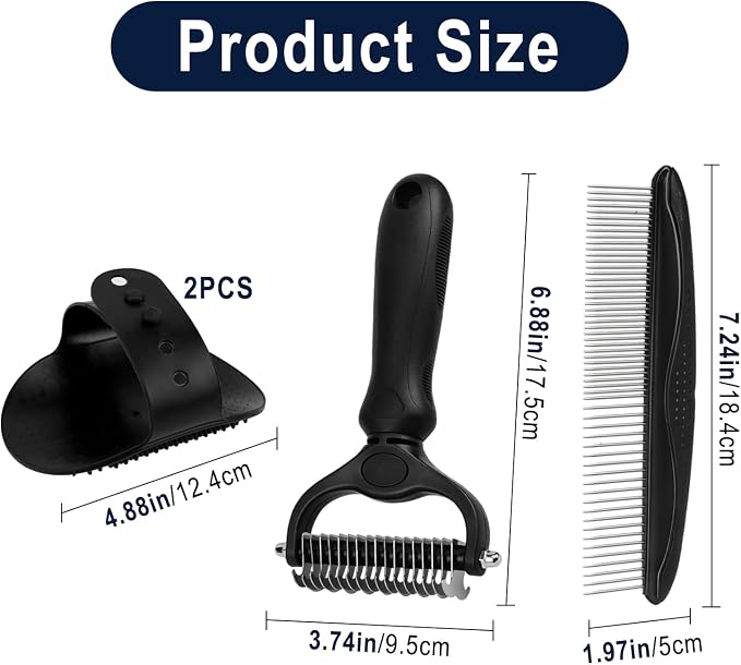 Double-Sided Pet Grooming Rake, 4-in-1 Professional Pet Grooming Kit, Deshedding and Dematting Tool for Dogs and Cats, Ideal for Long & Short Haired Pets (Black Kit 4PCS)