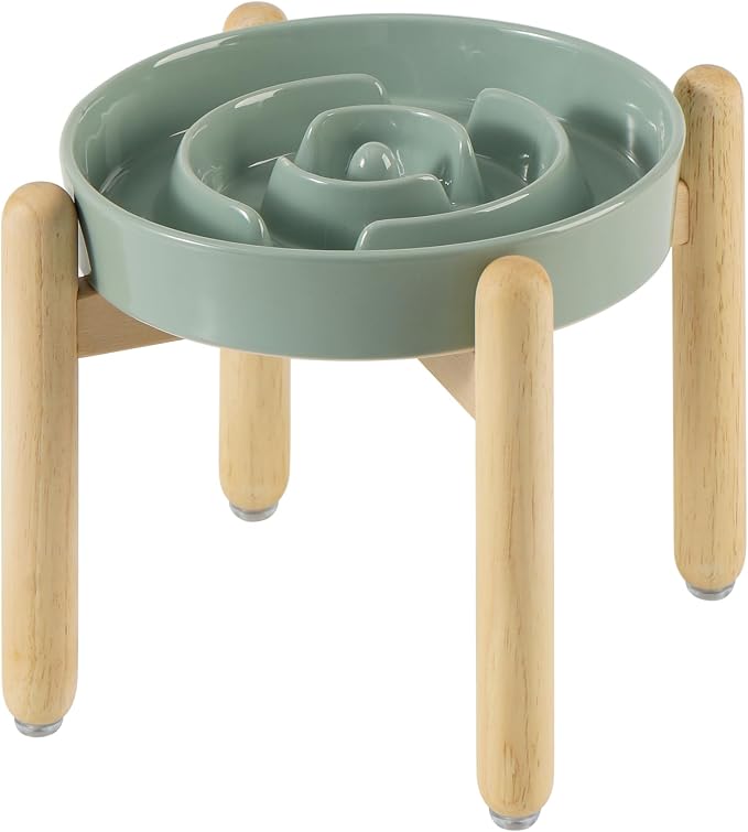 Havniva 8.2” Raised Slow Feeder Dog Bowls, 1.6 Cups Ceramic Dog Bowl Slow Feeding for Medium Breed, Elevated Puzzle Dog Food Bowl with Wooden Stand Non-Slip Anti-Gulping & Anti-Choking