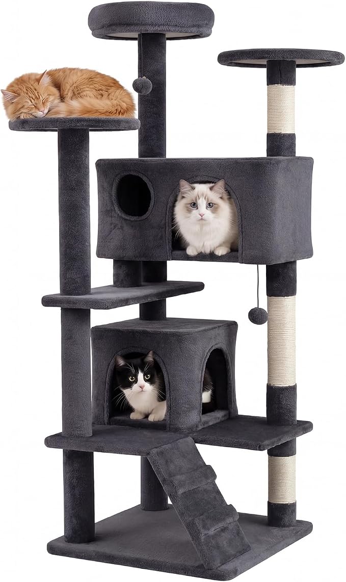 52-inch Cat Tree, Multi-Level Cat Tower with Sisal Scratching Posts, 2 Comfy Condos, Plush Padded Soft Top Perch, Dangling Balls, and Climbing Ladder, Ideal for Indoor Cats (Dark Grey)