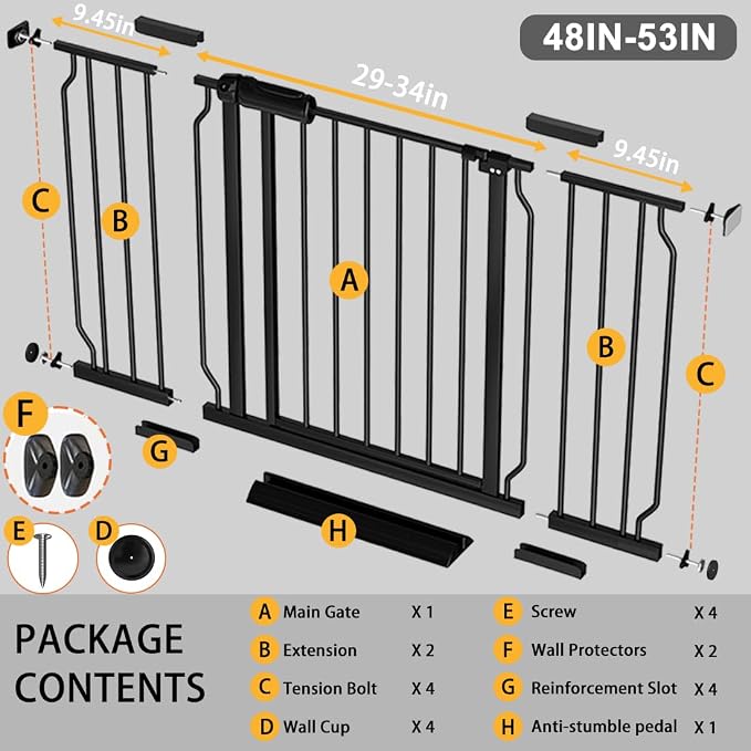 Fairy Baby Extra Wide Baby Gate 48-53 Inch Wide, Walk Through Pressure Mounted No Drill for Doorways, Long and Large Tension Gate for Pet and Kids, Black