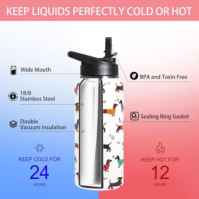 32oz Dachshund Insulated Stainless Steel Sports Water Bottle with Straw, Hiking, Cycling, Gym, Dog Gifts for Women