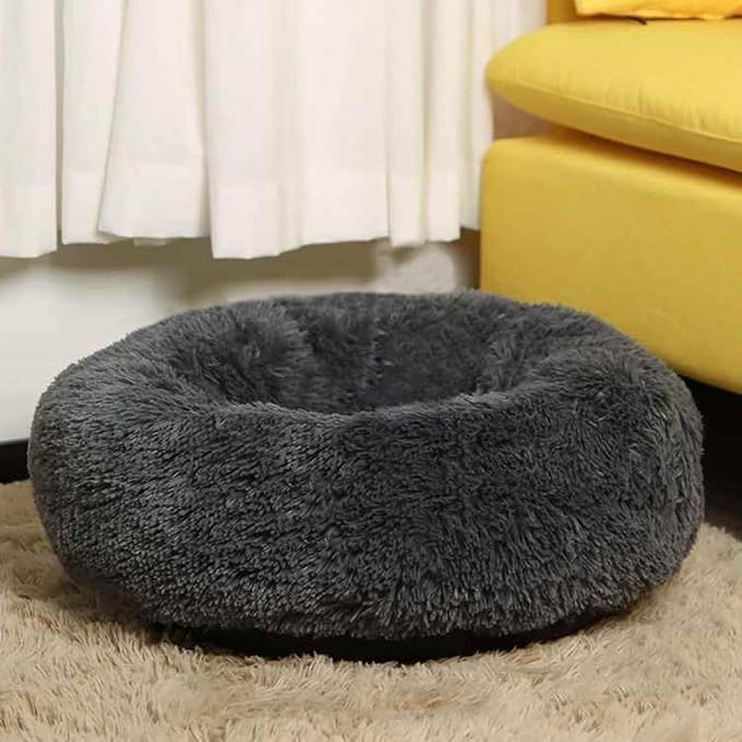 Faux Fur Dog Bed Cat Bed,Shag Round Anti-Anxiety Pet Calming Bed Doughnut Cuddler for Medium Large Puppy Dog Cat Kennel Cushion Self Warming Bed (28'' D x 8'' H, Dark Grey)