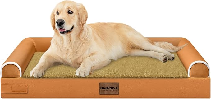 NANUYA Orthopedic Dog Bed for Large Dogs, 36 x 27 Inch, Orange | Egg crate foam for joint support, 3-sided bolster pet sofa, waterproof lining, washable cover, and non-skid base