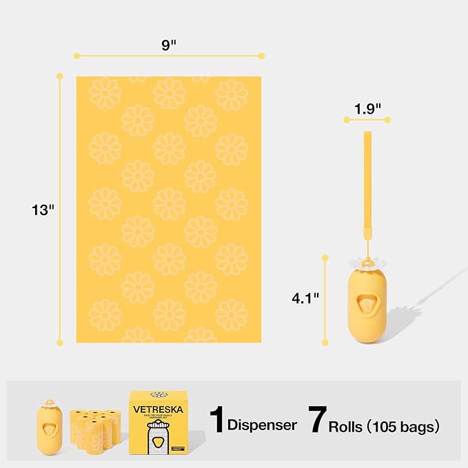 VETRESKA Dog Poop Bag Dispenser with Daisy Scented Waste Bags Leak-proof and Extra Thick Poop Bags for Dog Walking and Cat Litter 1 Holder and 105 Bags (7 Refill Rolls)