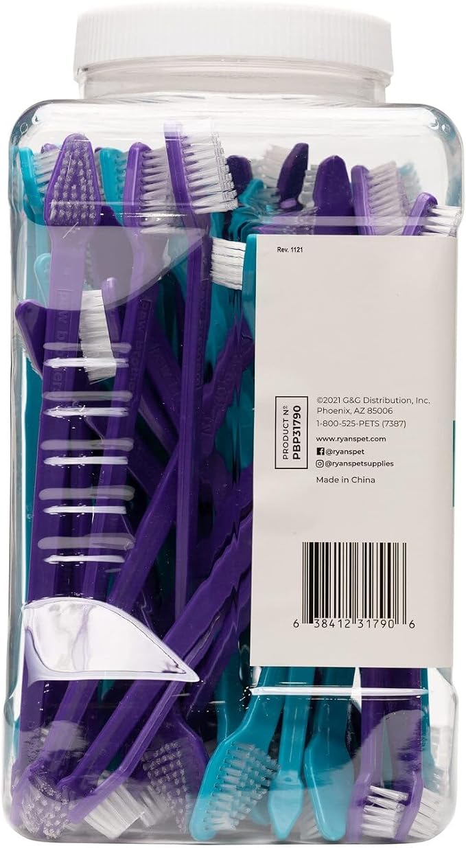 Paw Brothers Dual-End Dog Toothbrush for Small and Large Dogs, Dog Teeth Cleaning, Pet Dental Care, Pink and Blue Toothbrushes, Puppy Essentials, Pet Accessories, 50 Pack